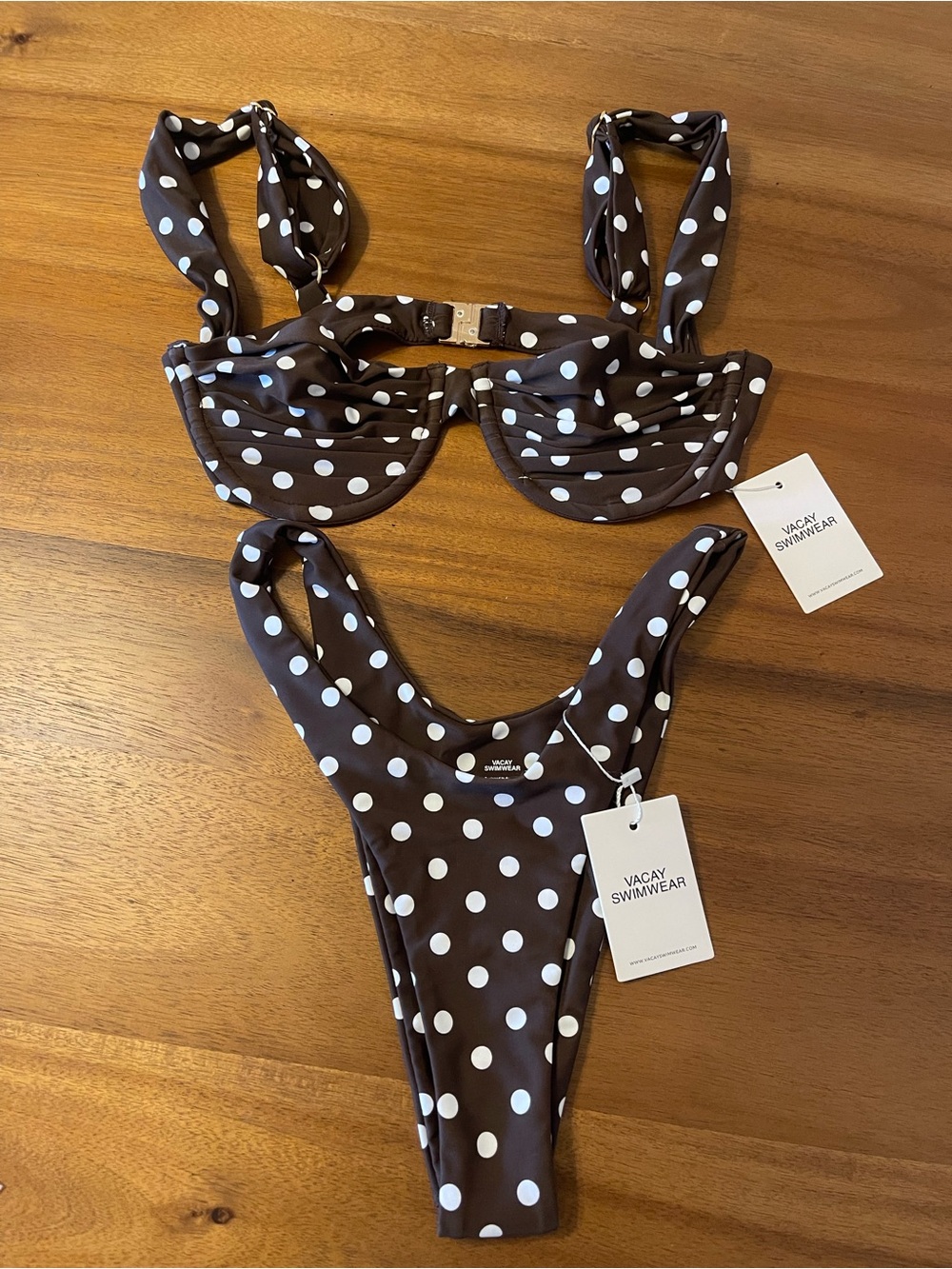 Vacay Swimwear Women's Brown Polka Dot Bikini Set with Headscarf - size small